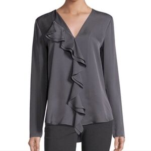 Theory Jastrid 100% Silk Ruffle Front Long Sleeves Blouse‎ Small Oversized Gray